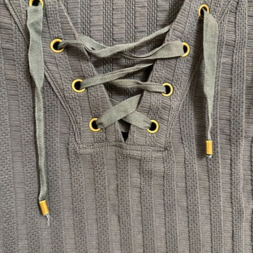Free People Ice Cold Lace Up Grommets Blue Gray Ribbed Quarter Sleeve Top XS